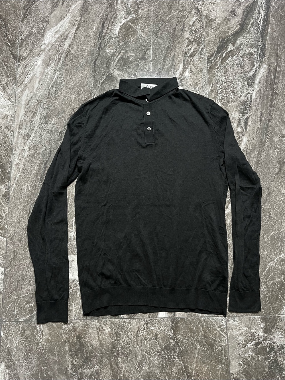 COS Shirt Mens S Small Black 100% Merino Wool Long Sleeve Slim Fit Knit Polo